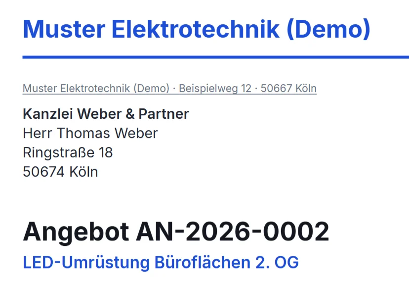 Briefkopf eines Angebots-PDFs mit Firmenname, EmpfÃ¤ngeradresse, Angebotsnummer und Betreff