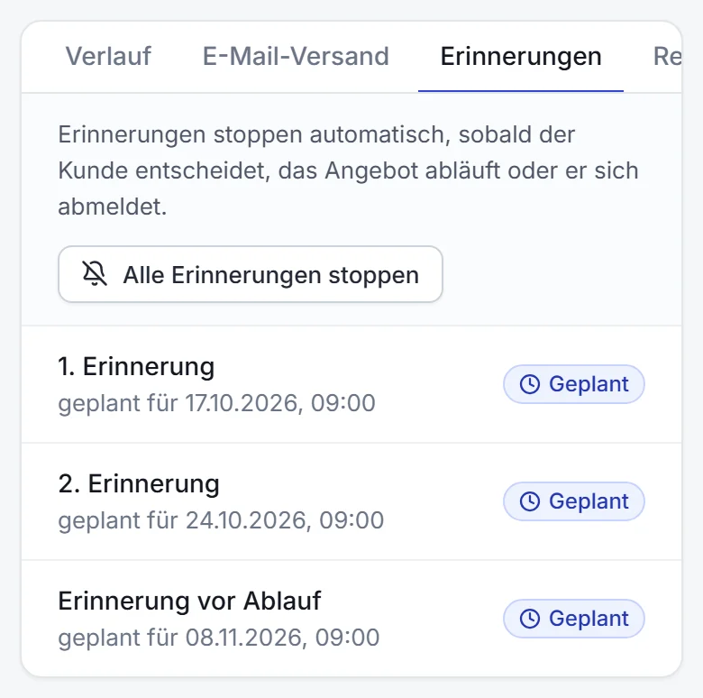 Drei automatisch geplante Erinnerungen mit Datum und Status â€žGeplantâ€œ