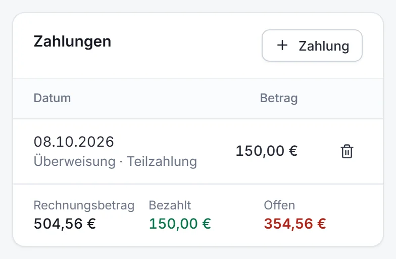 Zahlungen einer Rechnung: 150 â‚¬ per Ãœberweisung erfasst, Rechnungsbetrag 504,56 â‚¬, offen 354,56 â‚¬